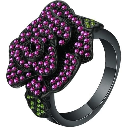 Fashion New party ring Vintage Jewelry Black Rose Flower Cute Female Ring with Rhinestones For Woman Jewelry Gift