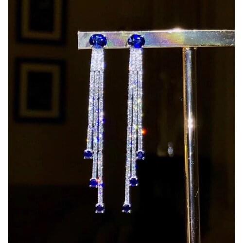 Fashion Tassels strand natural blue Sapphire drop earrings Natural gemstone earrings 925 silver female party Ear line jewelry