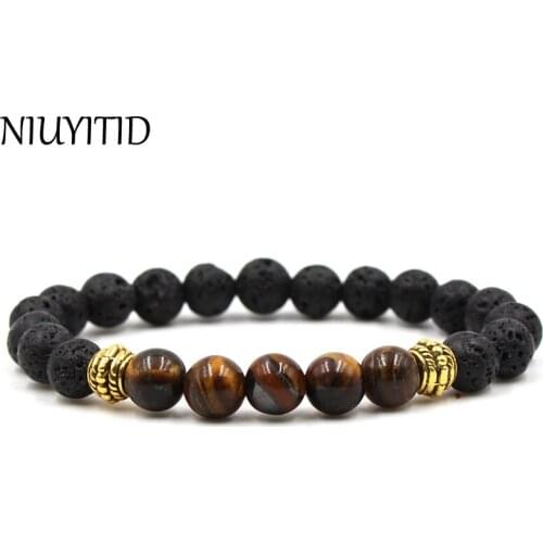 NIUYITID Charm Men Natural Bead Bracelets Black Lava Stone Bracelet Women Pulseras Elastic Fashion Jewelry Gift New Arrival Hot