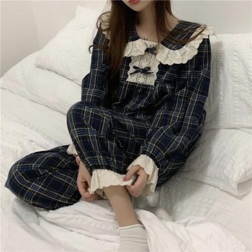 Plaid Korean Home Suits for Girls Pajamas Women Spring Summer Lace Chic Pyjamas Sweet Pijamas Long and Short Sleeve Sleepwear