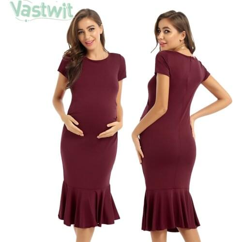 Maternity Mermaid Dress Pregnant Women Ruched Sides Flared Bodycon Dresses Pregnancy Short Sleeves Ruffle Hem Plus Size Dress