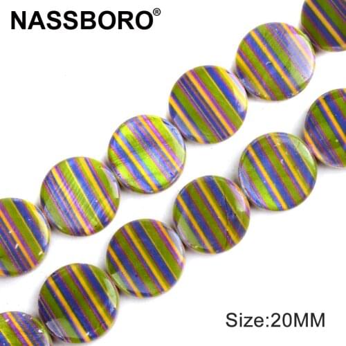 20mm Flat Round Shape Stripe Printed Two Sides Pattern Shell Beads Spacer Bead Beads for Jewelry Making DIY 15"strand Wholesale