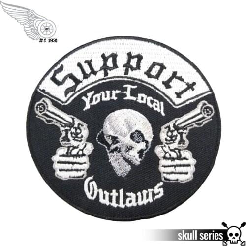 Support your local outlaws motorcycle patch embroidery iron on skull bones biker custom for jacket free shipping