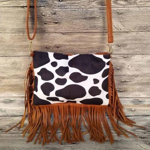 Cow Tassel Crossbody Bag Wholesale Personalized Leather Leopard Tassel Zipper Crossbody Bag