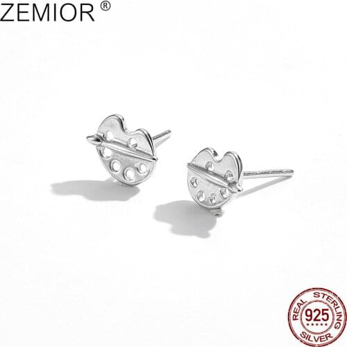 ZEMIOR Genuine S925 Sterling Silver Stud Earrings For Women Hollow Color Palette And Brush Creative Silver Earrings Jewelry