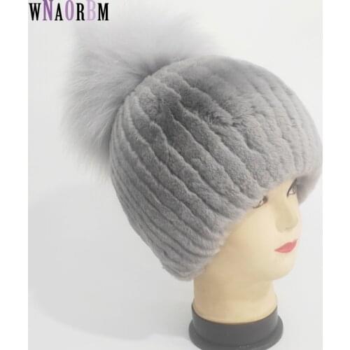 Womens Genuine Rex Rabbit Fur Hats Autumn and winter 100% Big Fox Fur hair ball Warm Real Fur Knit High elasticity Caps