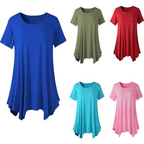 Womens Loose T-shirt Summer Plus Size Basic Long T Shirt Top Women Solid O-Neck Short Sleeve Long Casual Women Tee Shirt Femme