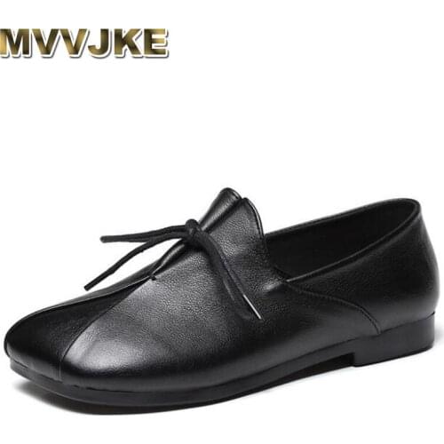 MVVJKE New Fashion Womens Shoes Retro Genuine Leather Soft Flat Womens Shoes Shallow Mouth Unique Comfort Women Shoes Lace-up
