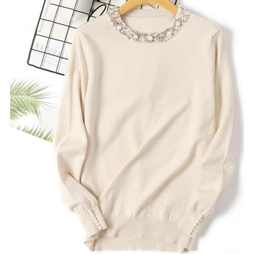 Autumn Winter Women Beaded Sweater 2021 O-Neck elegant sweater Jumper Top Loose Casual Warm Femme Sweater knitting bottom shirt