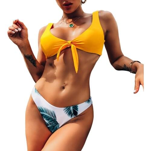 Women Bikini + High Waist Briefs Leaf Pattern with Bow Decoration Sexy Summer Beach Clothing Bikini Sets Swimsuit Bathing Suit