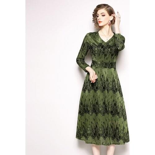 Women Fashion Party Lace Dress V-neck Sexy Work Casual Long Dresses Big Swing A-line Slim Vintage Vestido