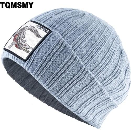 TQMSMY Winter Skullies Cap Men Knitted Solid Color Beanie Women Warm Knit Hat With Crocodile Patch Fashion Hip Hop Gorras TBEY