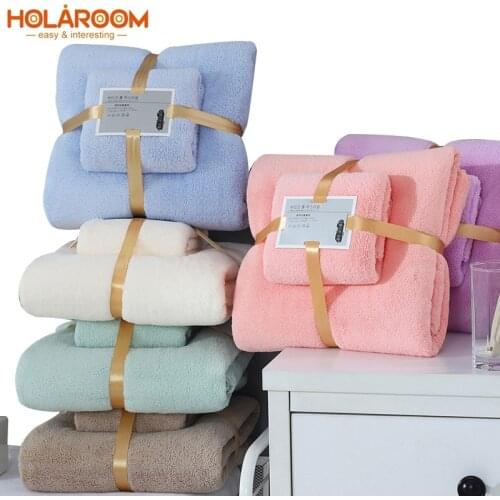 1 Set Luxury Super Soft Towel Set High Absorbent Bath Towel + Face Towels Solid Color Bath Towels for Adults Coral Fleece