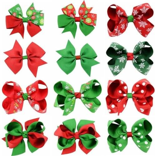 12pcs Christmas Grosgrain Ribbon Bows with Clip Snowman Snowflake Kids Girls Hair Bows Christmas Party Decor Hair Accessories