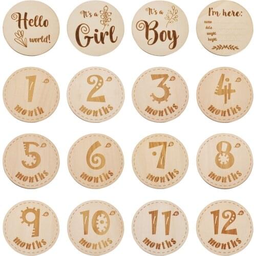 16pcs Baby Month Milestone Cards Flat Round Wooden Newborn Birth Month Commemorative Card for Photography Props 100x3mm