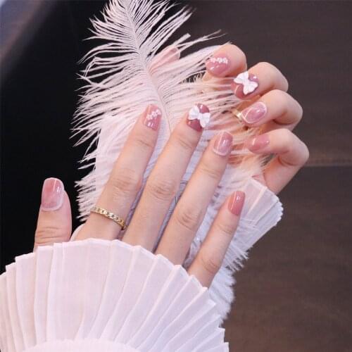 24Pcs/Set Fake Nails Short Pink Small Flower 3D Bow Patter Glossy Removable False Nails Artificial Full Nail Tips Manicure Tools