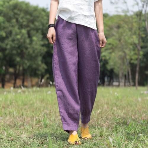 Women Loose Solid Color Linen Pants Ladies Vintage Flax Elastic Waist Trousers Female Retro Pants 2021