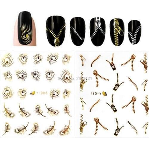 By dhl or ems 1000pcs New Nail Art Peacock Feather Metallic Zipper Stickers Nail s Water Transfers Decals
