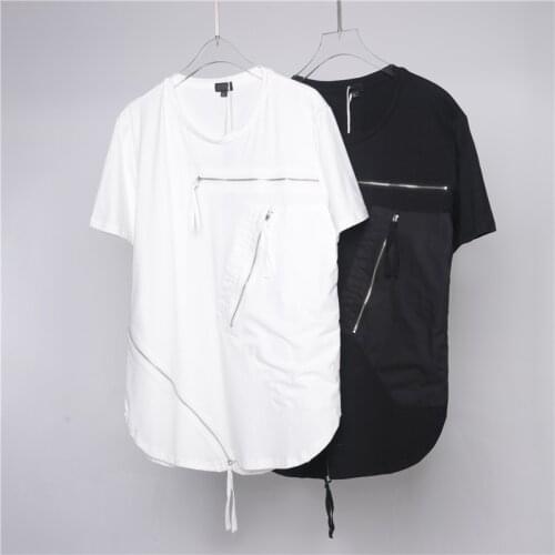Dark pocket zip-up embellished Patchwork Round Neck half-sleeve insT t-shirt mens trendy loose-knit undershirt