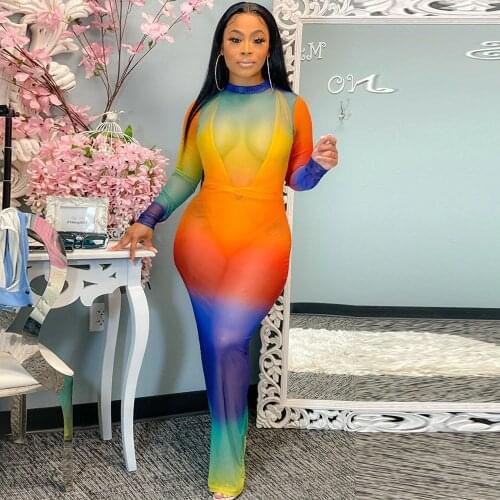 Rainbow Gradient Mesh Sheer See Through Dress for Women Long Sleeve Elastic Hight Beach Dress Summer Sexy Party Clubwear Dress