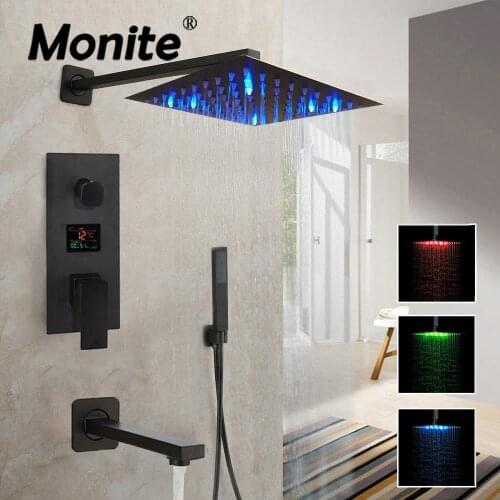 Monite Matte Black Bathroom Shower Faucet Set Rainfall Shower Head LED Digital Display Mixer 3-Functions Digital Shower Set