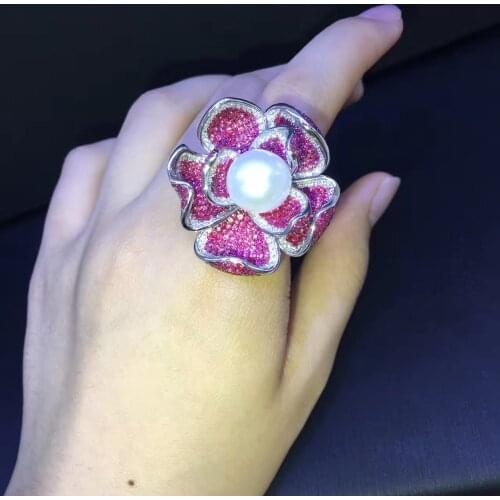 Cocktail ring natural fresh water pearl flower ring 925 sterling silver with cubic zircon rose red color fashion women jewelry