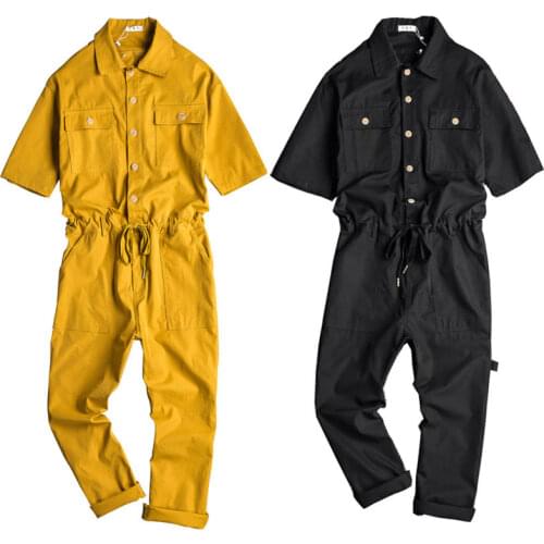2021 Summer Overalls Men Jumpsuit Cotton Lapel Short Sleeve Ankle Length Pants Loose Leisure Streetwear Black Yellow Trousers