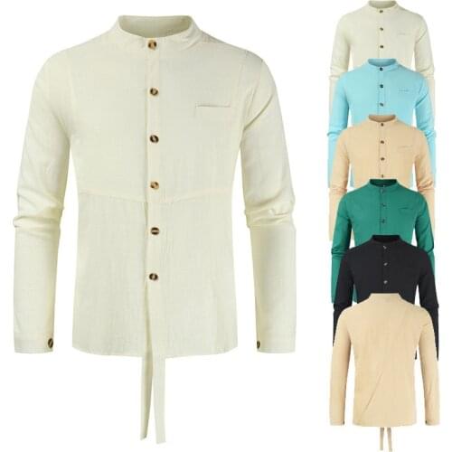 Men Traditional Muslim Casual Linen Tunic Long Sleeve Tops Saudi Arabia Dubai Kaftan Shirts Arabic Pakistan Fashion Clothing