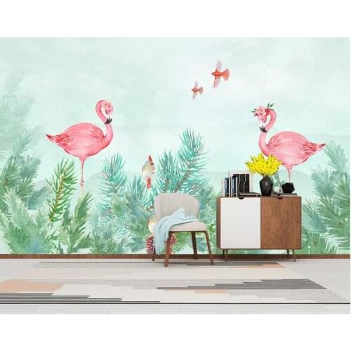 Flamingo Bird Wallpaper Tropical Wall Mural Printed Photo Wall Paper Home Improvement Green Background Canvas Papel De Parede