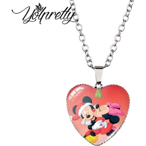 2021 New Mickey and Minnie Mouse Handcraft Jewelry Glass Dome Kawaii Mice Couple Heart Pendants Necklace HZ3