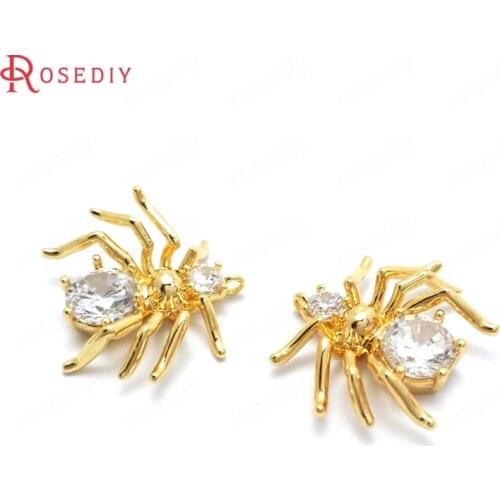 37024)6PCS 14x13MM 24K Gold Color Brass and Zircon Spider Charms Pendants High Quality Accessories Jewelry Making Supplies