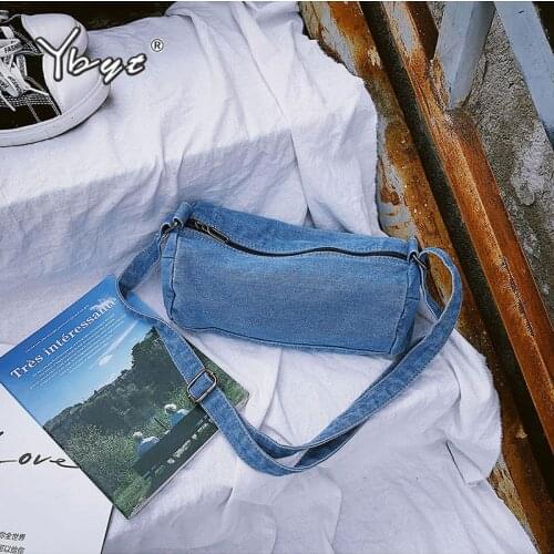Casual Solid Color Denim Women Crossbody Bags Cylinder Canvas Small Handbags Cell Phone Bag Retro Female Shoulder Messenger Bag