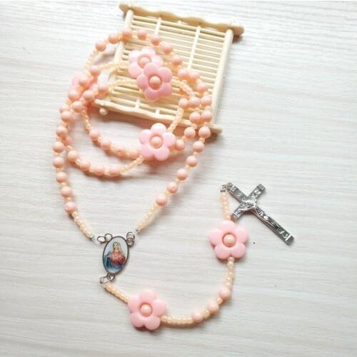 Religious Ornaments Simple Orange Rose Double-sided Jesus Cross Beaded Christian Rosary Necklace Catholic