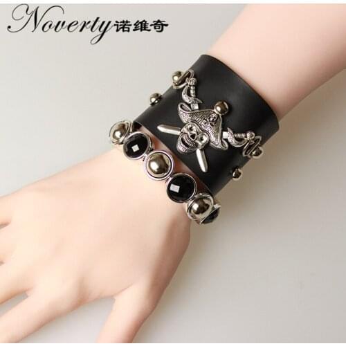 Retro Punk Rock Pirate Skull Black Leather Bracelet Women Men Couple Fashion Jewelry Gifts Date FYSL043