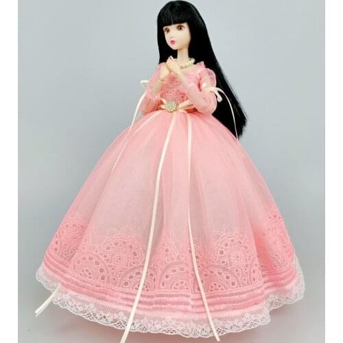 Handmade Pink Princess Dress For Barbie Doll Clothes 1/6 Dolls Accessories Puff Sleeve Long Bowknot Evening Party Gown Child Toy