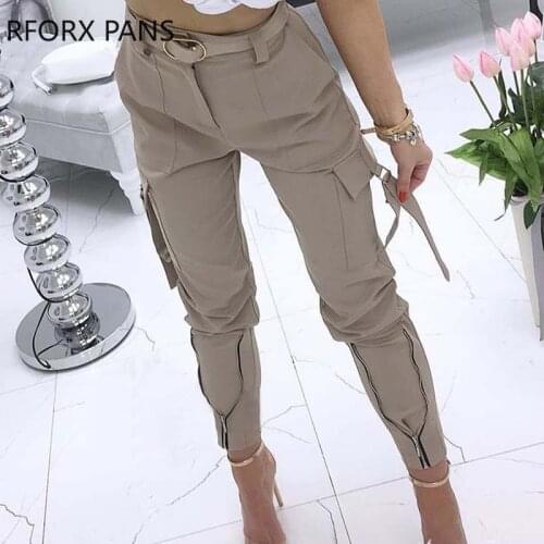Women Solid Pocket Zipper Design Tied Cuff Cargo Pants Casual Pants Fashion Pants