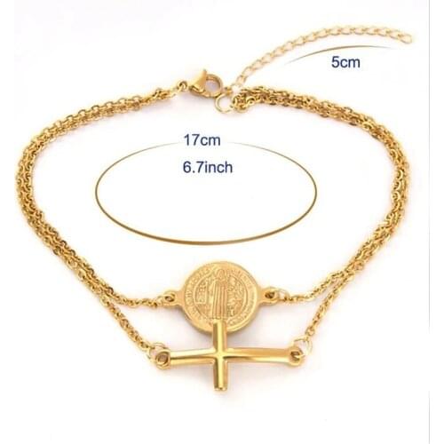Double Layers Saint Benedict Medal Cross Charm Bracelets For Women Gold/Silver Color Stainless Steel Rolo Chain Bracelet Femme
