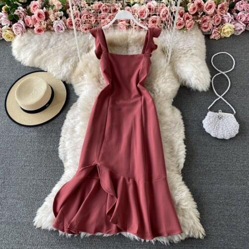 2021 Spring New Temperament Pure Color Vestidos Womens Slim Slim Ruffled Square Neck Split Fishtail Midi Dress C873