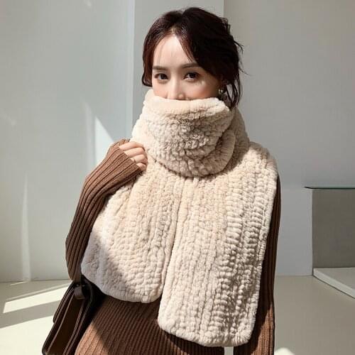 Lantafe Winter Women Scarf Fur Scarf Shawl Wide Scarf Winter Accessories Real Hair Rex Rabbit Fur Stripe Weave Long Style