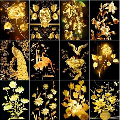 5D Diy Diamond Painting Gold Flower Rhinestone Embroidery Peacock Cross Stitch Mosaic Wall Art Pictures for Home Decoration