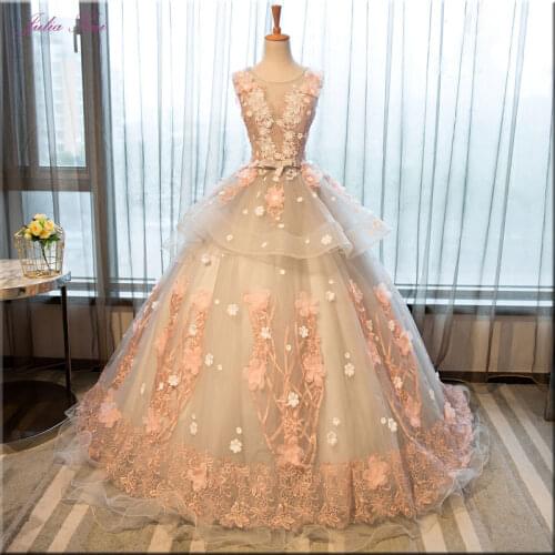 Julia Kui Floral Prints Ball Gown Quinceanera Dresses Sleeveless Embroidery Appliques Scoop Floor-Length Formal Dresses Lace Up