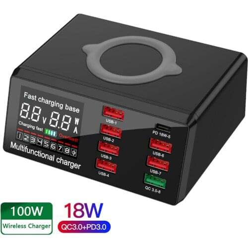 QC3.0 Smart Wireless USB Charger 100W 8 Ports Fast Charge Station USB Charger PD Fast Charger For iPhone Samsung Huawei Tablets