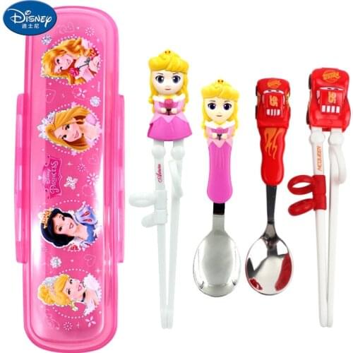 Disney Childrens Tableware Stainless Steel Baby Spoon Fork Set Portable Learning Spoon Baby Training Spoon