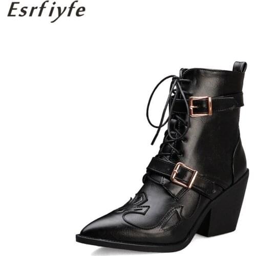 ESRFIYFE 2020 New Cowgirl Fashion Block Heels Ladies Shoes Boats Mujer Lace-up Western Ankle Boots Cool Cowboy Boots for Women