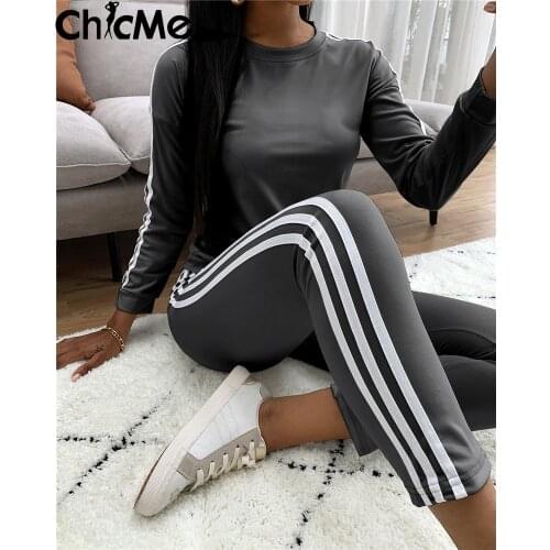 Chicme 2021 Autumn Womens Tracksuit Striped Tape Long Sleeve Top & Pants Set Two Pieces Sports Wear Casual Workout Clothes
