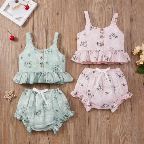 2Pcs Toddler Baby Girls Summer Outfits Clothes Set Cute Floral Printed Ruffle Sleeveless Tops+Shors Baby Girls Cotton Casual Set