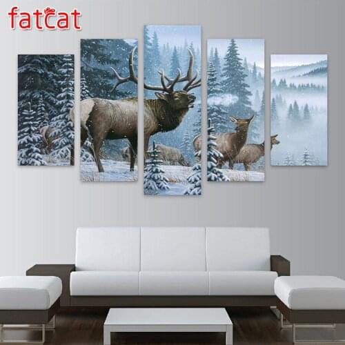 FATCAT 5 Pieces Elk Family In Snow Pine Tree Landscape Diamond Painting Full Square Round Drill Diamond Embroidery Sale AE953