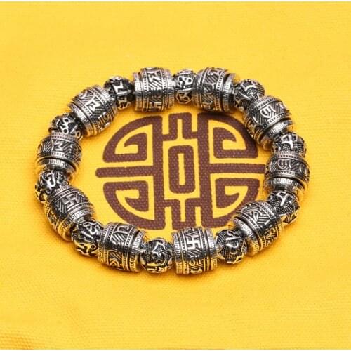Nepalese Retro Handmade Tibetan Silver Jewelry Six-Character Mantra Prayer Tube Heart Sutra Silver Bracelet Beads