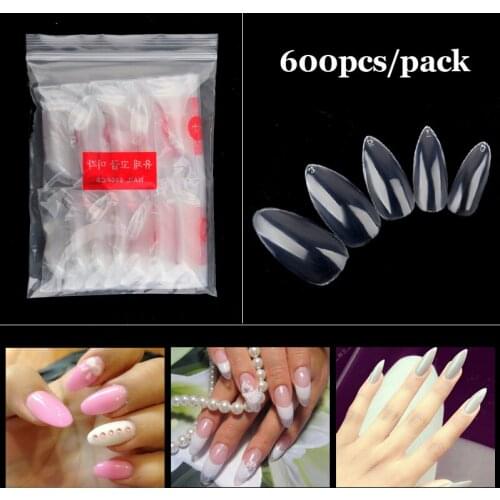 New 600 Pcs/Pack Transparent Oval Sharp End Stiletto Acrylic Fake Nails Waterdrop Full Cover False Nail Art Tips Manicure Tools