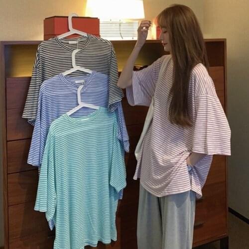 Spring and summer 2021 new Korean style loose striped split tops all-match casual short-sleeved T-shirt female students